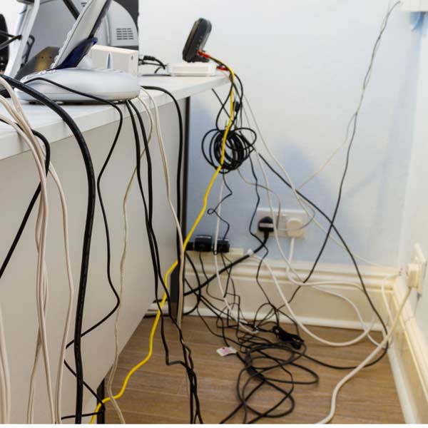 10 uses for weatherstripping tangled wires behind desk of electronics