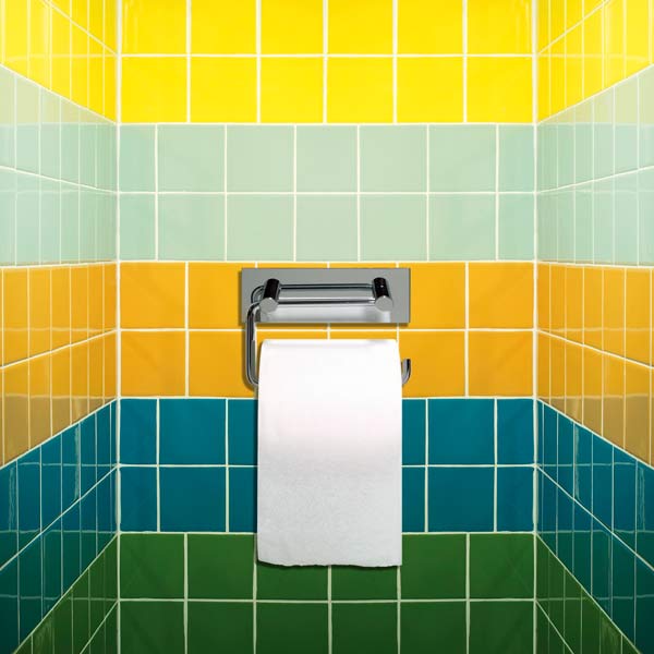 toilet paper holder on wall with multi-colored tile