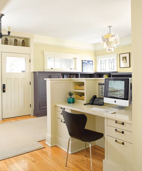 whole house remodel living room with built-in cabinets and desk area