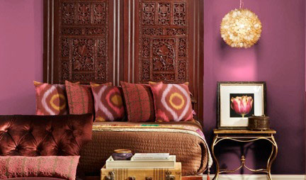 bedroom with Valspar Deep Sunset 10053A purple paint on walls, Pantone color of the year 2014 radiant orchid