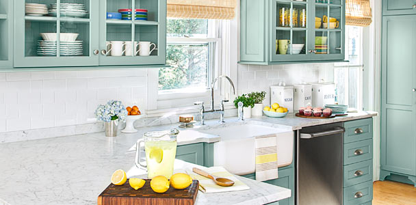 beach cottage kitchen remodel with teal custom kitchen cabinets