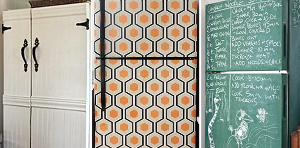 composite of three refrigerators that have been decorated in crafts