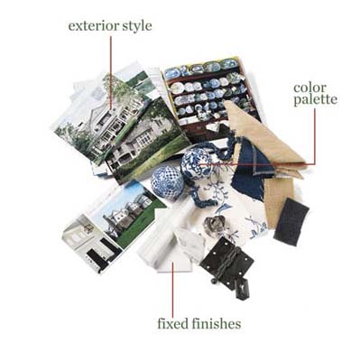 collection of source materials for design inspiration of this remodeled shingle-style cottage