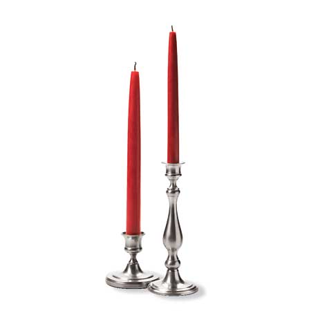 pewter candlesticks with red wax candles