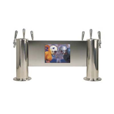 a stainless steel beer tower with a built-in 10-inch LCD screen and integrated stereo speakers