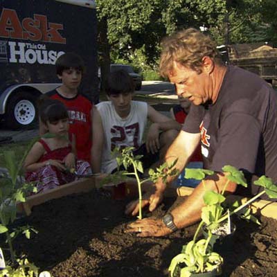 Roger Cook planting seedlings in a raised garden bed