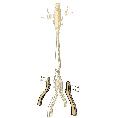 exploded illustration of coat rack with unattached legs highlighted