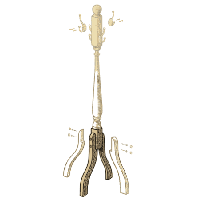 exploded illustration of coat rack with attached legs highlighted