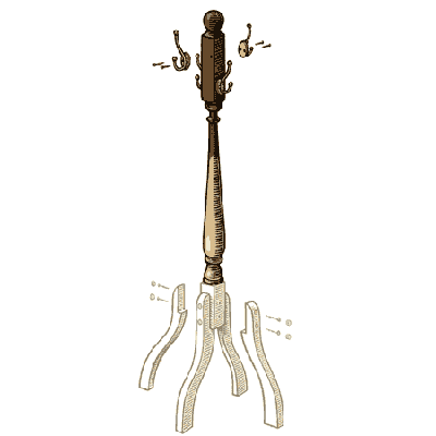 exploded illustration of coat rack with newel post half-stained highlighted