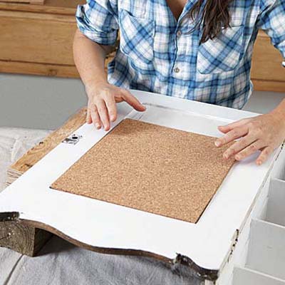 adhering cut cork board on inside of cabinet door