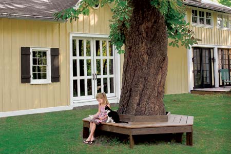 girl and cat sit on a tree bench reading