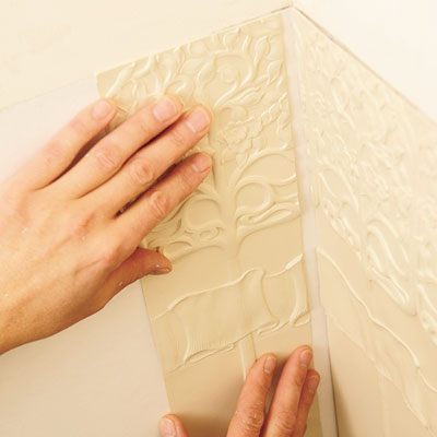 installing the Lincrusta wainscot panel inside a corner