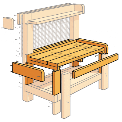 an illustration focusing on the work space as well as cleats and framing for a potting bench