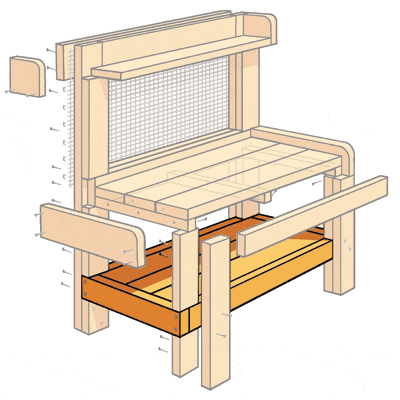 an illustration focusing on the bottom shelf as well as cleats and framing for a potting bench