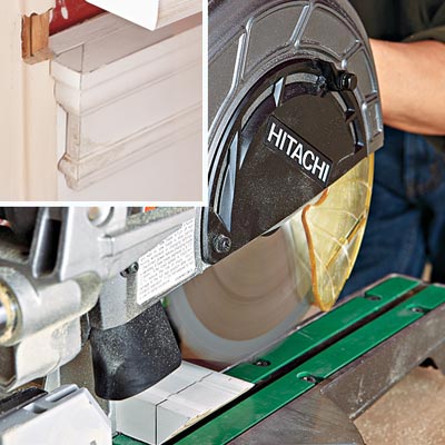 cutting the apron with a miter saw and an inset of the apron in place