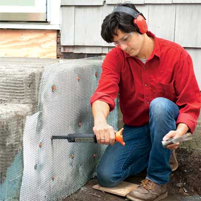 install the lath to clad concrete steps in stone
