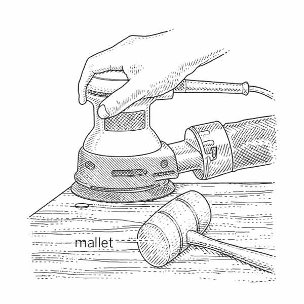 illustration of person sanding and hiding screw head with wood plug in stair tread