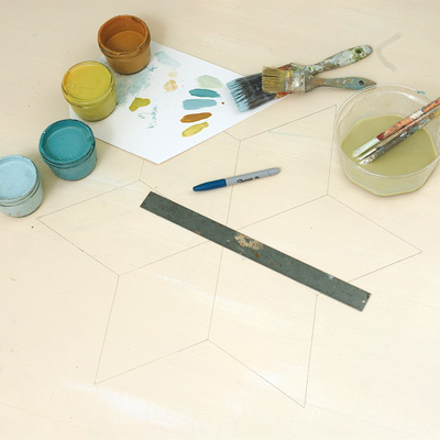 step by step how to paint a six-point star on wood floor, gather paint and brushes