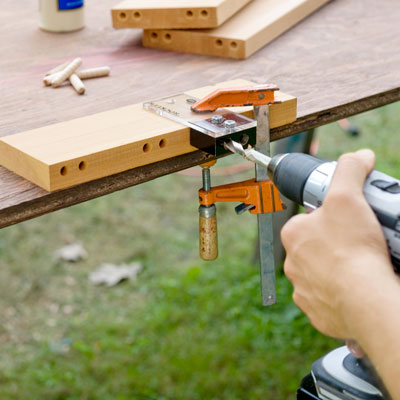 drilling dowel holes for seat boards for a picnic bench
