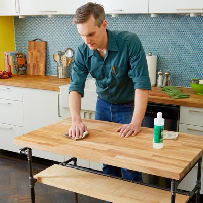 applying mineral oil to the countertop