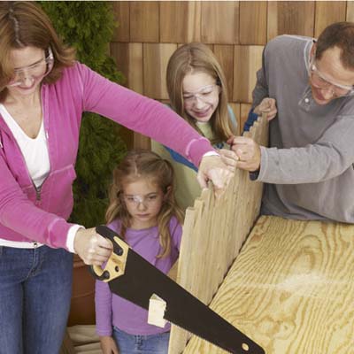 family building a fort, miter, handsaw